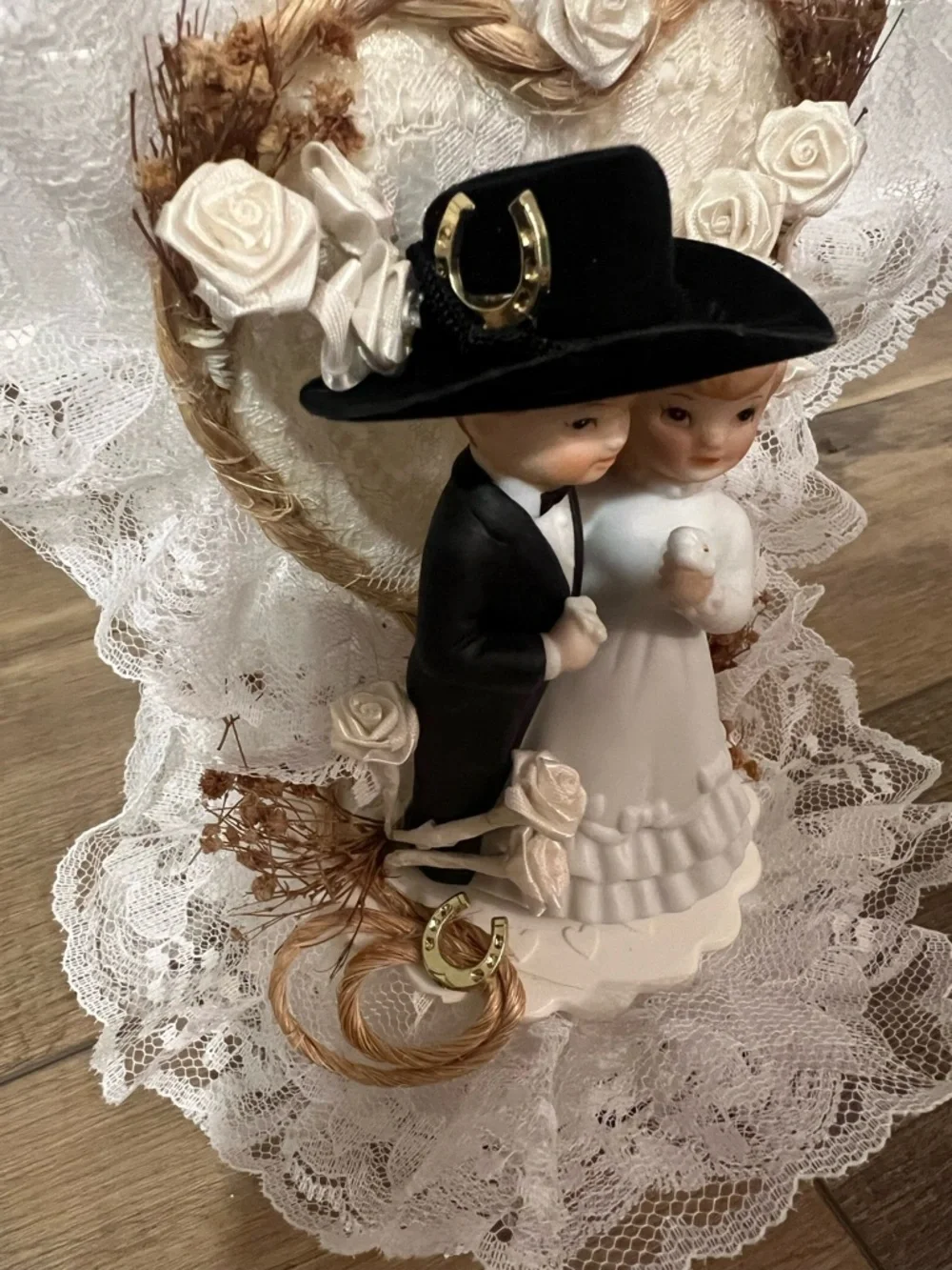 Vintage 90s Western Wedding Cake Topper Bride and Groom Figurine